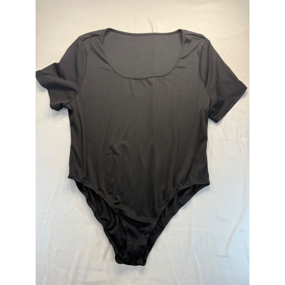 Cider Women Bodysuit 3XL Black Ribbed Knit Short Sleeve Scoop Neck Stretch Top